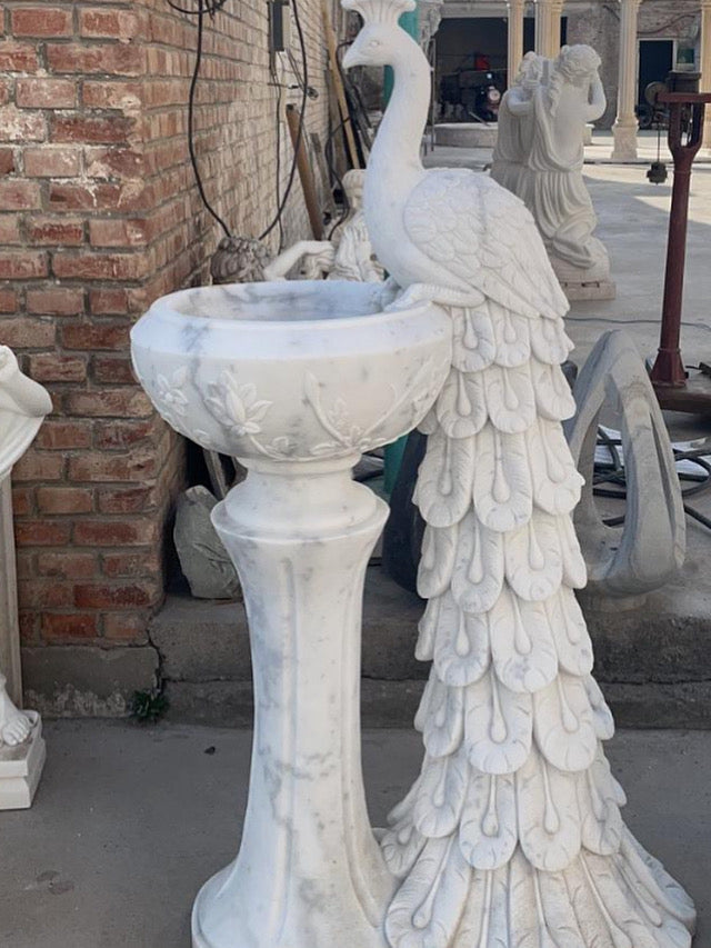 HAND CARVED MARBLE PEACOCK STATUE