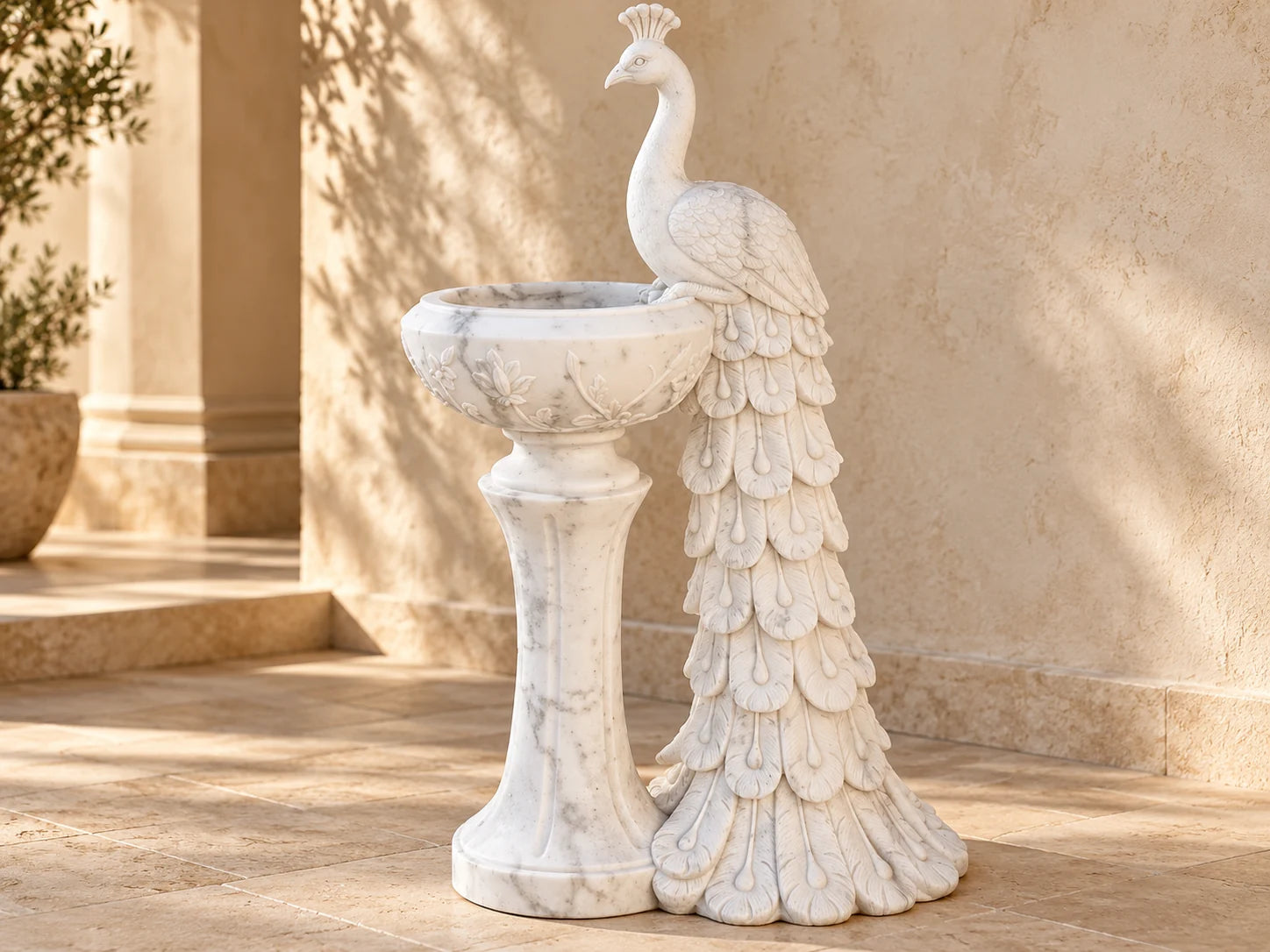 HAND CARVED MARBLE PEACOCK STATUE
